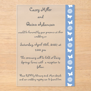 Daisies and Butterflies in Periwinkle Wedding Acrylic Invitations