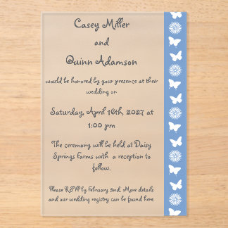 Daisies and Butterflies in Periwinkle Wedding Acrylic Invitations