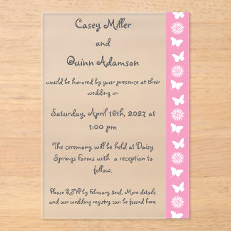 Daisies and Butterflies in Petal Pink Wedding Acrylic Invitations