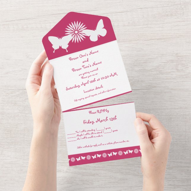 Daisies and Butterflies in Raspberry All In One Invitation (Tearaway)