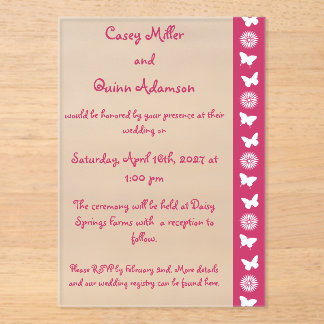 Daisies and Butterflies in Raspberry Wedding Acrylic Invitations