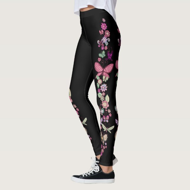 Daisies and Butterflies Pastel Floral Print Leggings (Left)