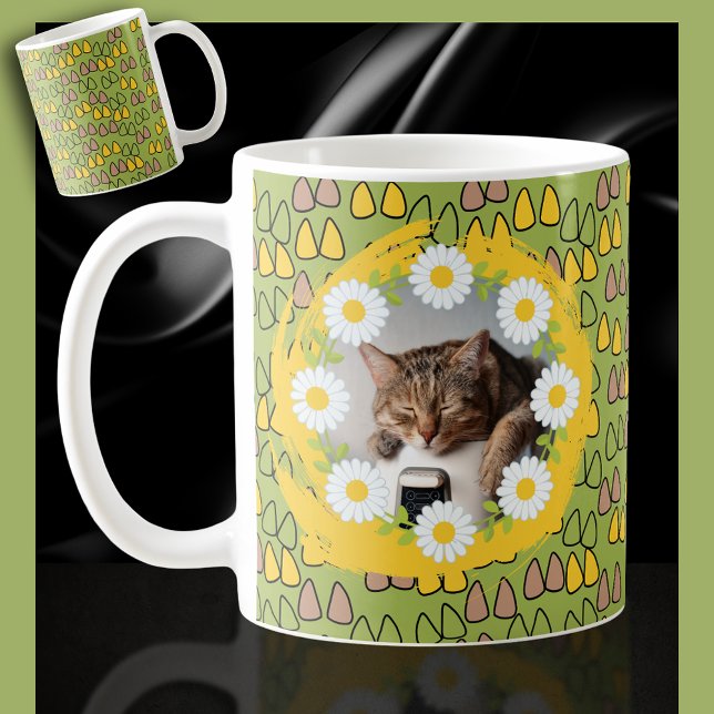 Daisies and Cat Ears on a Green Coffee Cat Mug (Creator Uploaded)