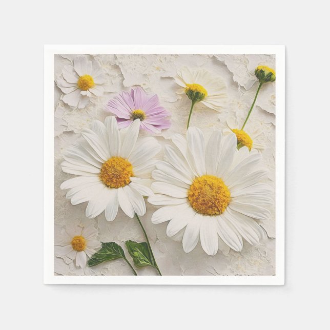 Daisies and Cosmos On Distressed Paper Napkin (Front)