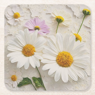 Daisies and Cosmos On Distressed Paper Square Paper Coaster