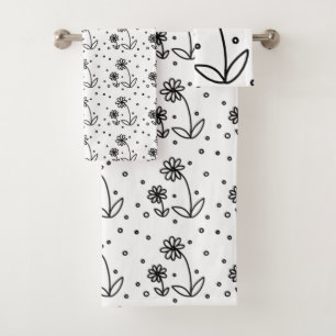 Daisies and Dots 2 - Black and White Bath Towel Set