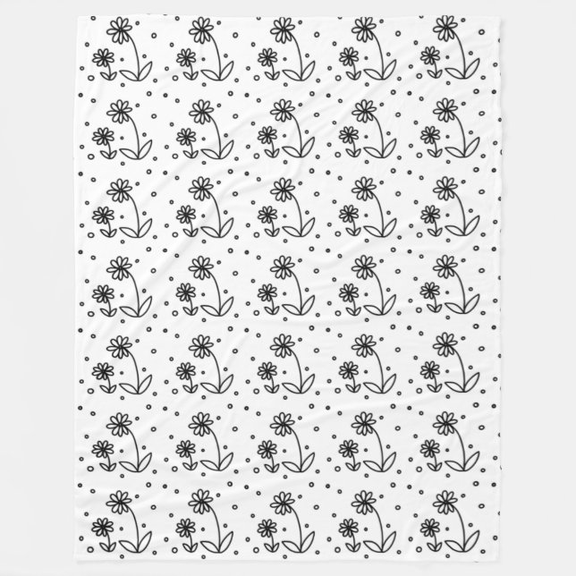 Daisies and Dots 2 - Black and White Fleece Blanket (Front)