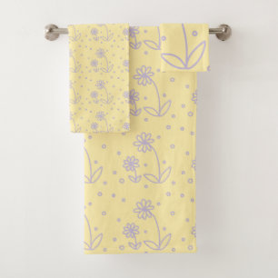 Daisies and Dots 2 - Pastel Yellow and Purple Bath Towel Set