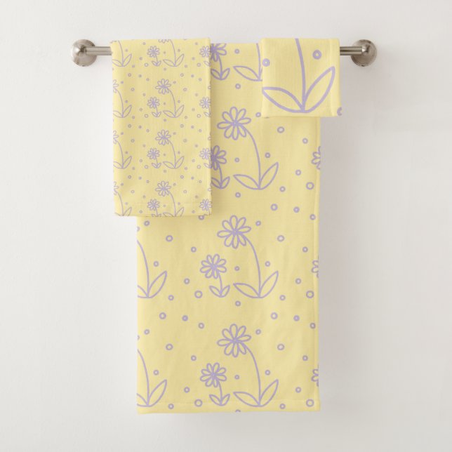 Daisies and Dots 2 - Pastel Yellow and Purple Bath Towel Set (Insitu)