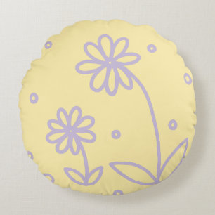 Daisies and Dots 2 - Pastel Yellow and Purple Round Cushion