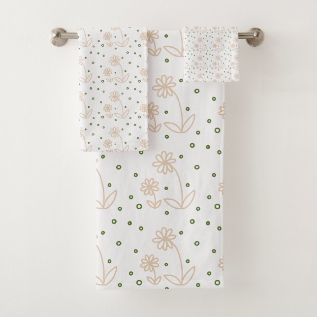 Daisies and Dots 2 - White, Sand and Palm Green Bath Towel Set (Insitu)