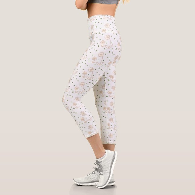 Daisies and Dots 2 - White, Sand and Palm Green Capri Leggings (Left)