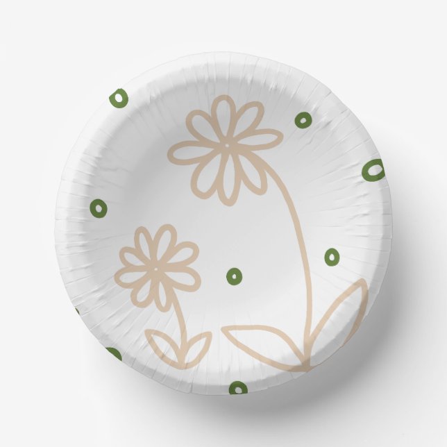 Daisies and Dots 2 - White, Sand and Palm Green Paper Plate (Front)