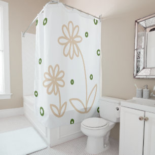 Daisies and Dots 2 - White, Sand and Palm Green Shower Curtain