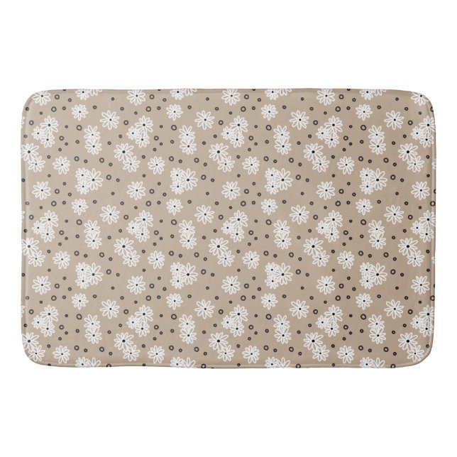 Daisies and Dots - Taupe, Black and White Bath Mat (Front)