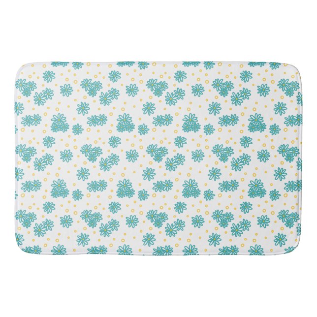 Daisies and Dots - Turquoise and Yellow  Bath Mat (Front)