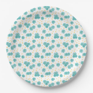 Daisies and Dots - Turquoise and Yellow  Paper Plate