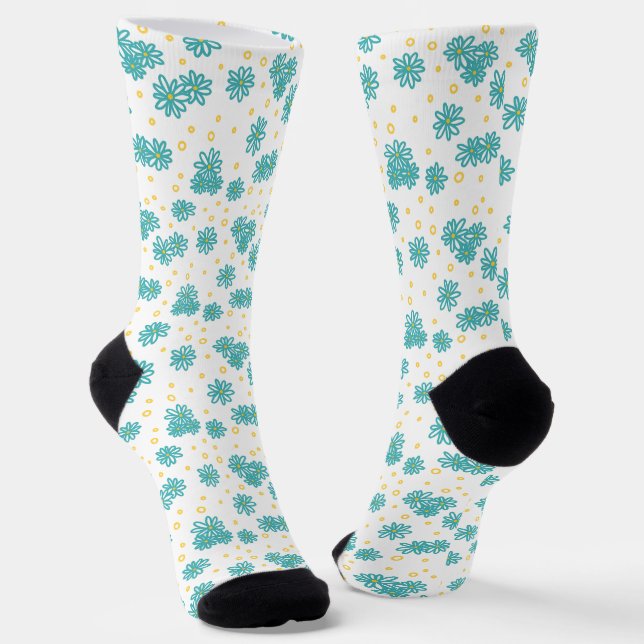 Daisies and Dots - Turquoise and Yellow  Socks (Angled)