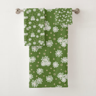 Daisies and Dots - White, Sand and Palm Green Bath Towel Set