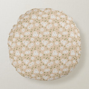 Daisies and Dots - White, Sand and Palm Green Round Cushion