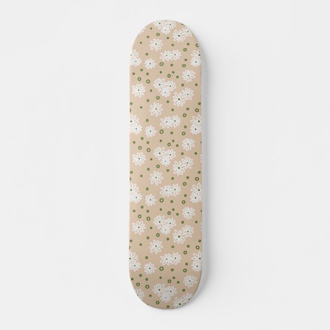 Daisies and Dots - White, Sand and Palm Green Skateboard (Front)