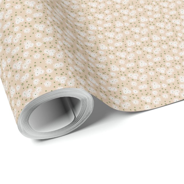 Daisies and Dots - White, Sand and Palm Green Wrapping Paper (Roll Corner)