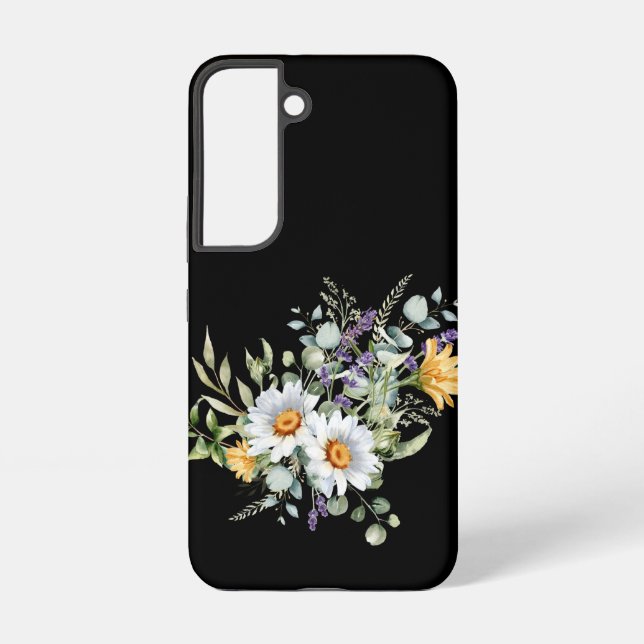 Daisies and Eucalyptus on Black Samsung Galaxy S22 Case (Back)