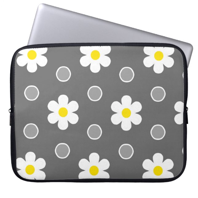 Daisies and Grey and White Polka Dots Laptop Sleeve (Front)