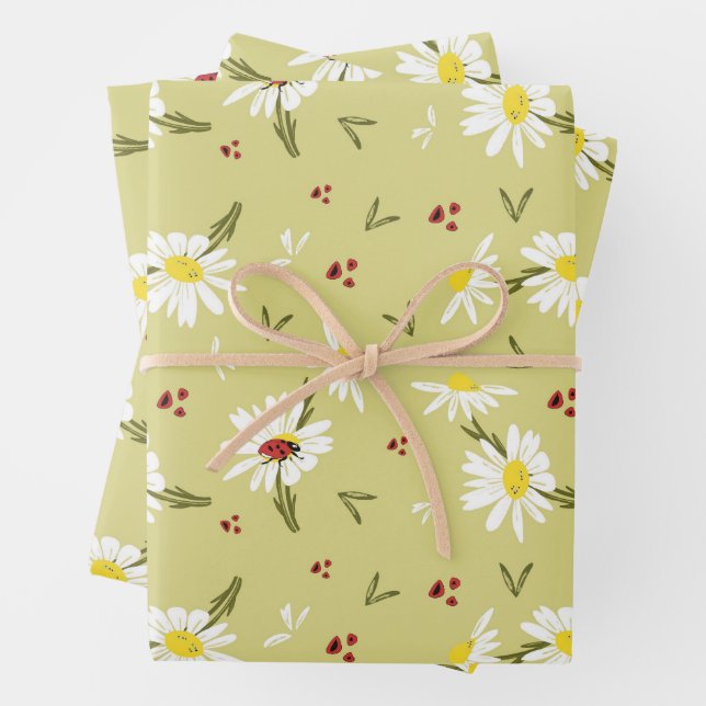 Daisies and Ladybugs Wrapping Paper (In situ)