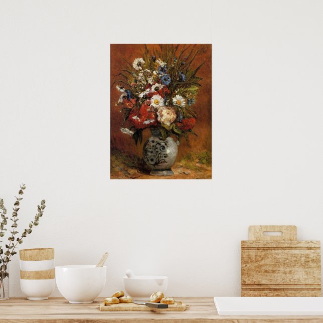 Daisies and Peonies in Blue Vase Poster (Kitchen)