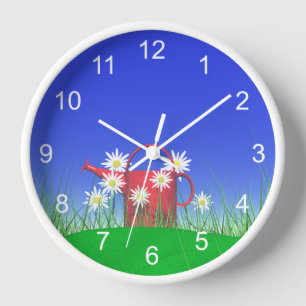 Daisies and Red Watering Can Clock