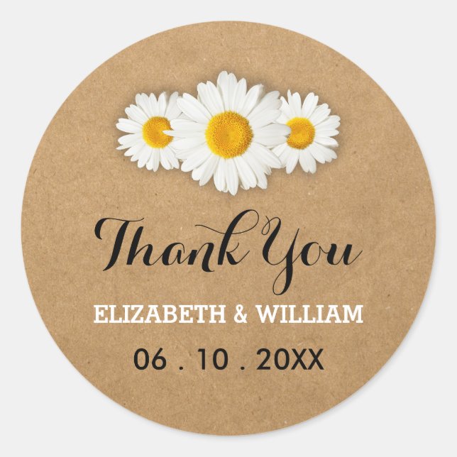 Daisies and Rustic Paper Wedding Thank You Classic Round Sticker (Front)
