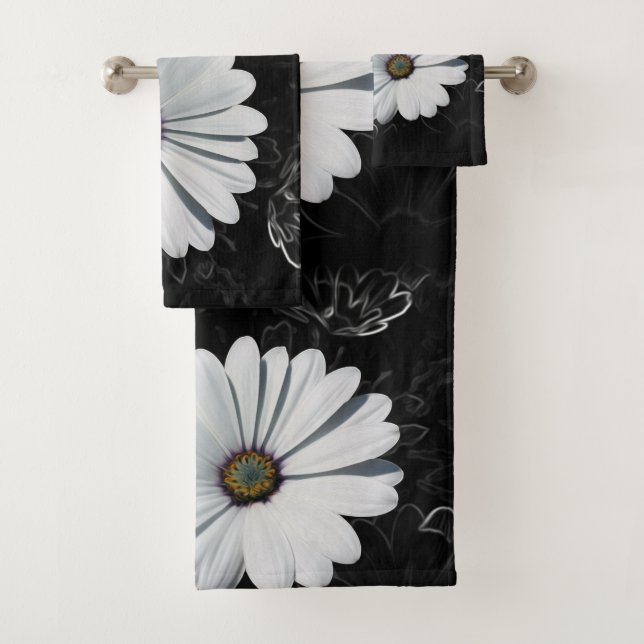 Daisies and shades of grey bath towel set (Insitu)