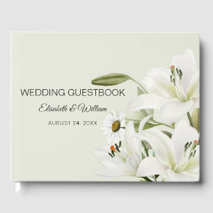 Daisies And White Lilies Light Green Background Guest Book