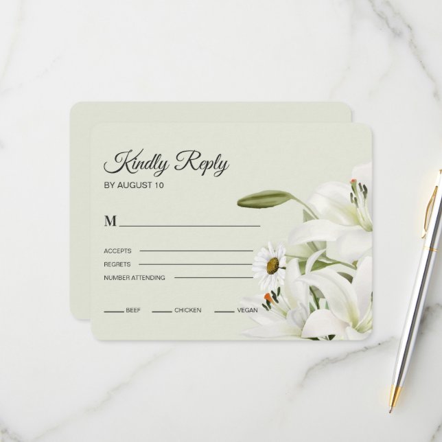 Daisies And White Lilies Light Green Background  R RSVP Card (Front/Back In Situ)