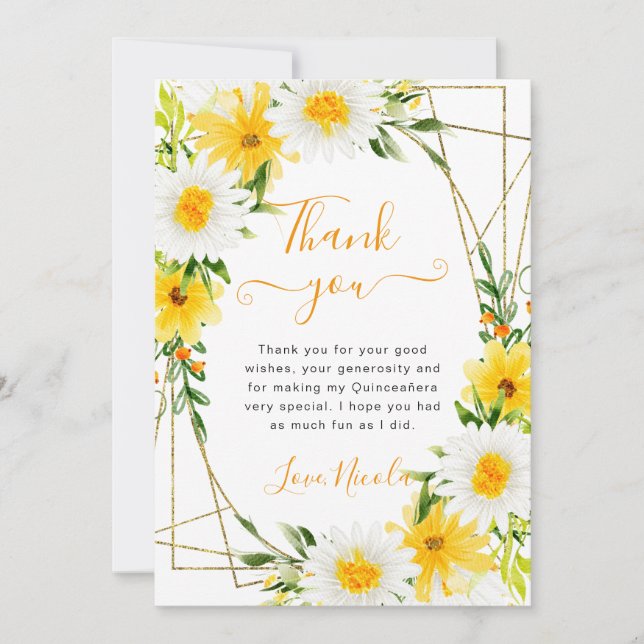 Daisies and Yellow Flowers Gold Frame Quinceanera Thank You Card (Front)
