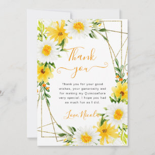 Daisies and Yellow Flowers Gold Frame Quinceanera Thank You Card