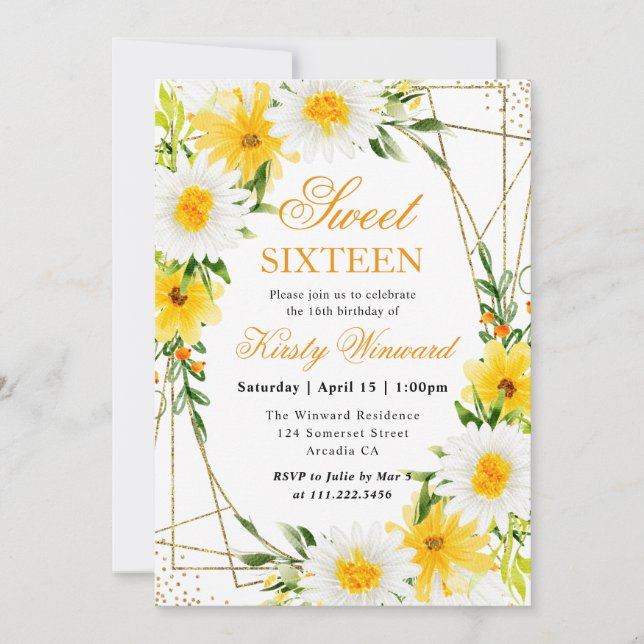 Daisies and Yellow Flowers Gold Frame Sweet 16 Invitation (Front)