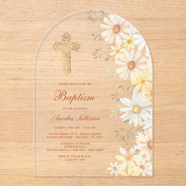 Daisies Arch Baptism Acrylic Invitations (Front)