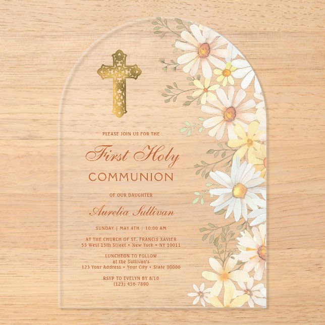 Daisies Arch First Communion Acrylic Invitations (Front)