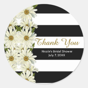 Daisies & Black White Stripes Modern Floral Classic Round Sticker