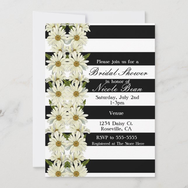 Daisies & Black White Stripes Modern Floral Invitation (Front)