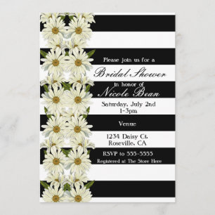 Daisies & Black White Stripes Modern Floral Invitation
