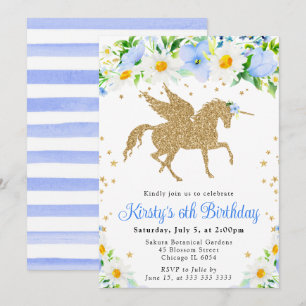 Daisies Blue Flowers Gold Unicorn Birthday Party Invitation