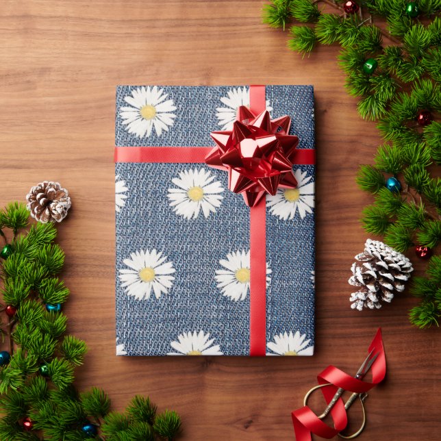 Daisies Blue Jean Denim Wrapping Paper (Holiday Gift)