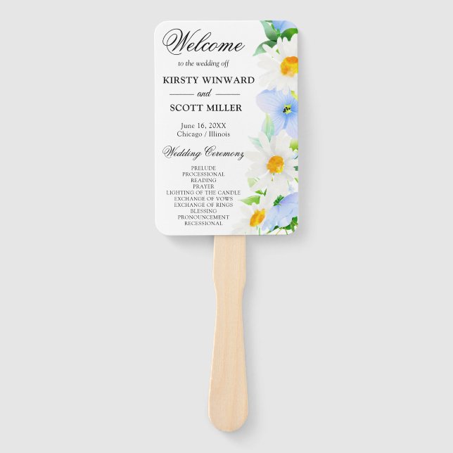 Daisies & Blue Summer Flowers Wedding Program Hand Fan (Front)