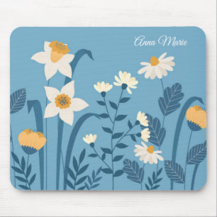 Daisies Botanical Blue Floral Mouse Mat