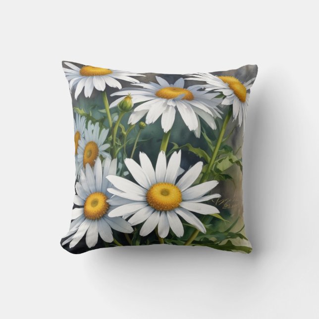 Daisies Bunch of Flowers Elegant Watercolor Cushion (Front)