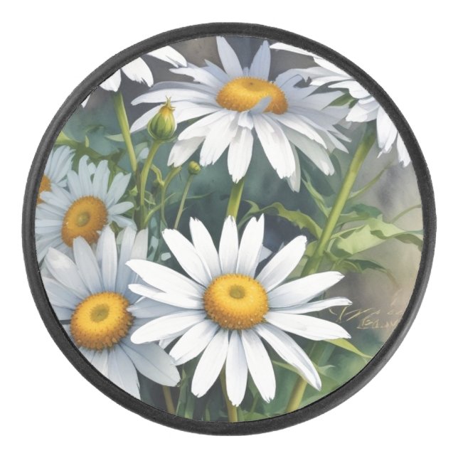Daisies Bunch of Flowers Elegant Watercolor Hockey Puck (Front)