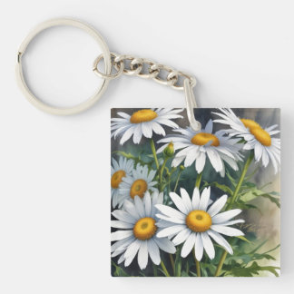 Daisies Bunch of Flowers Elegant Watercolor Key Ring